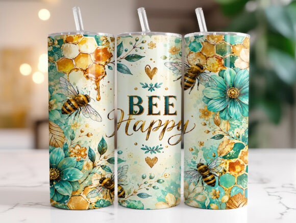 Download Bee Happy Floral 20oz Tumbler Wraps PNG - Tumbler wraps Collection